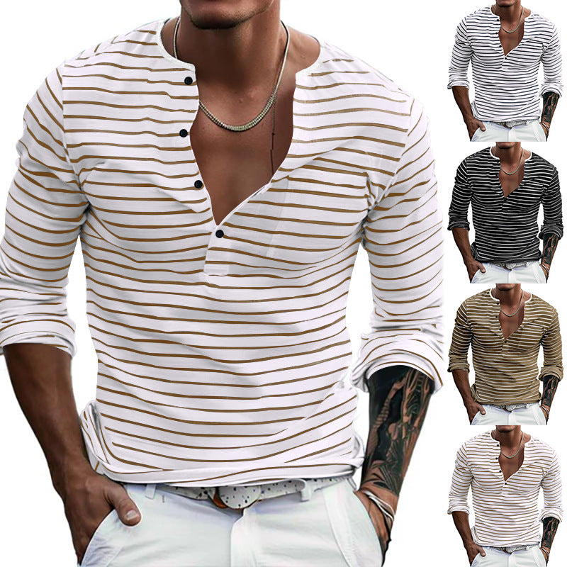 Herren Langarm-Henley-Shirt mit modischem Streifenmuster EB