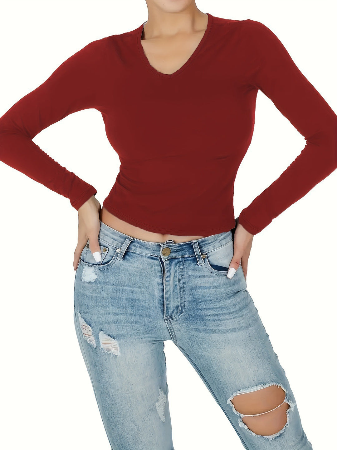 Damen Langarmshirt mit figurbetonter Passform und V-Ausschnitt EB