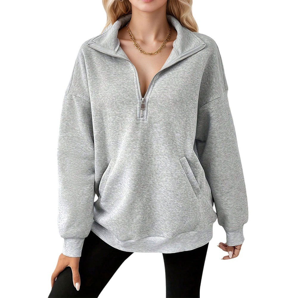 Damen lässiges Oversized-Halbzip-Sweatshirt mit hohem Kragen und Kängurutaschen Eichborn Berlin