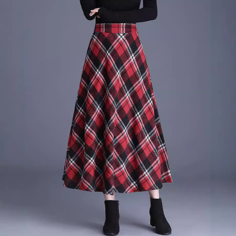 Damen nan weiter karierter Tellerrock aus Wollmix mit hoher Taille und Eingrifftaschen EB