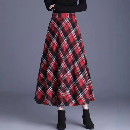 Damen nan weiter karierter Tellerrock aus Wollmix mit hoher Taille und Eingrifftaschen EB
