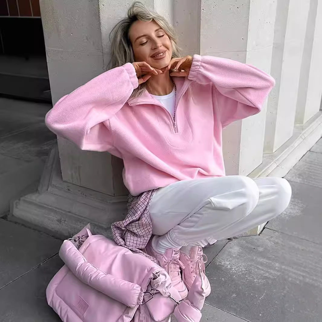 Damen Kuscheliger Fleece-Pullover mit kurzem Reißverschluss EB