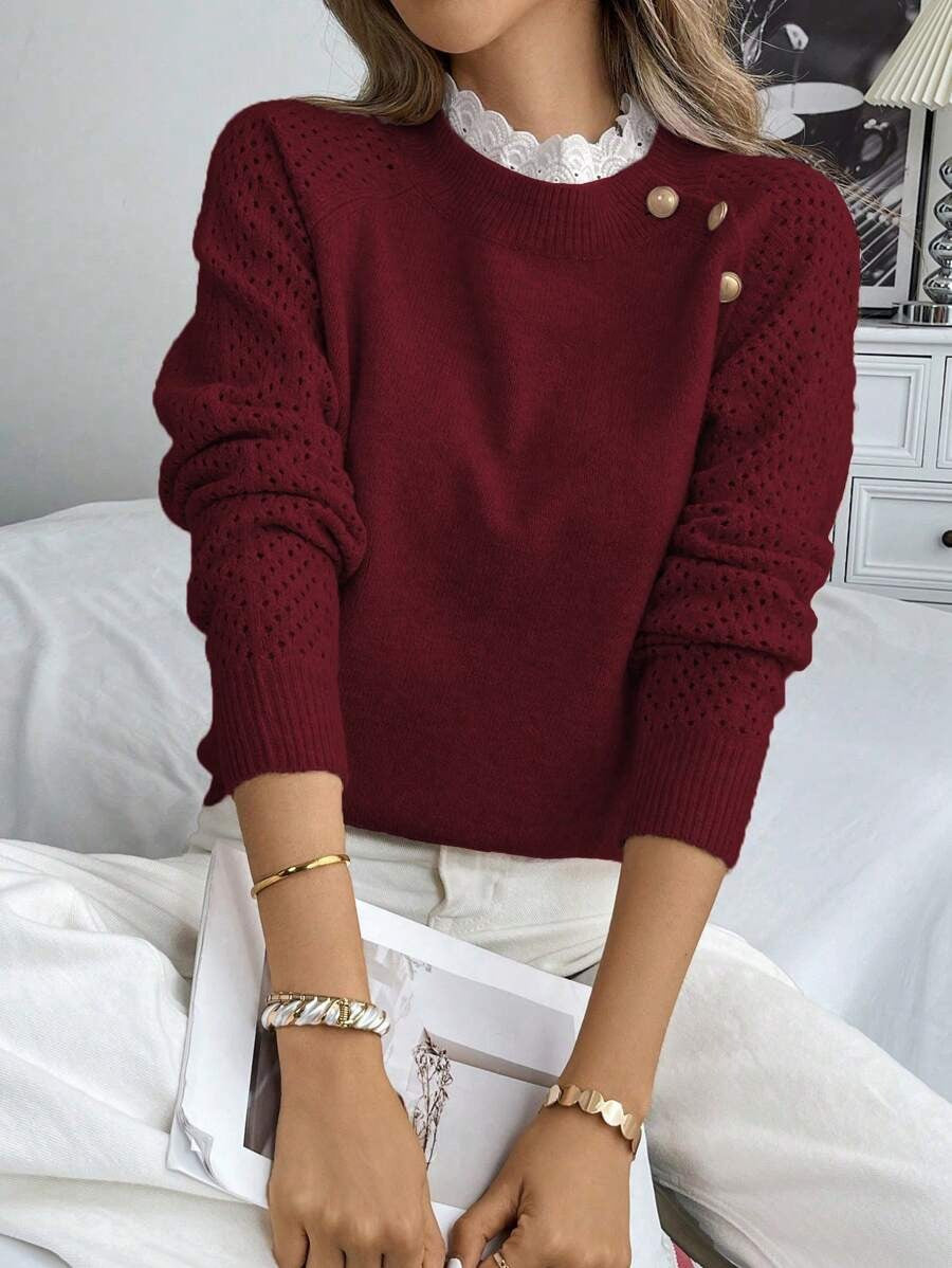 Damen Strickpullover mit dekorativen Knopfdetails und Lochmuster EB