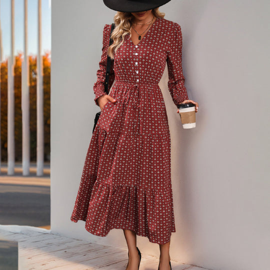 Damen Langarm-Wickelkleid mit floralen Details und Taillenbindung EB