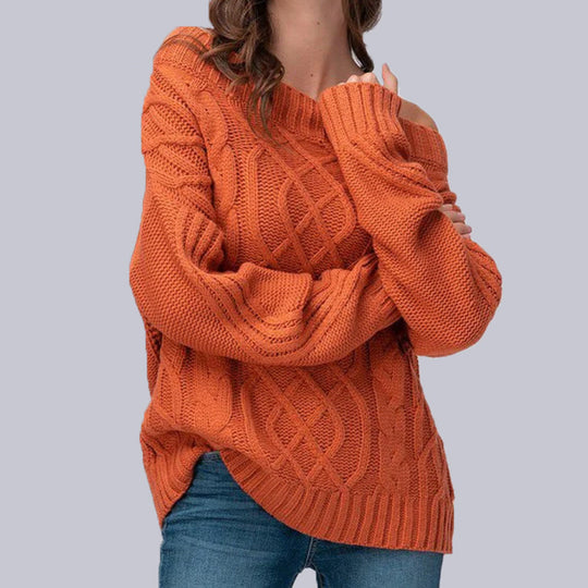 Damen Grobstrickpullover mit asymmetrischem Ausschnitt und Zopfmuster EB