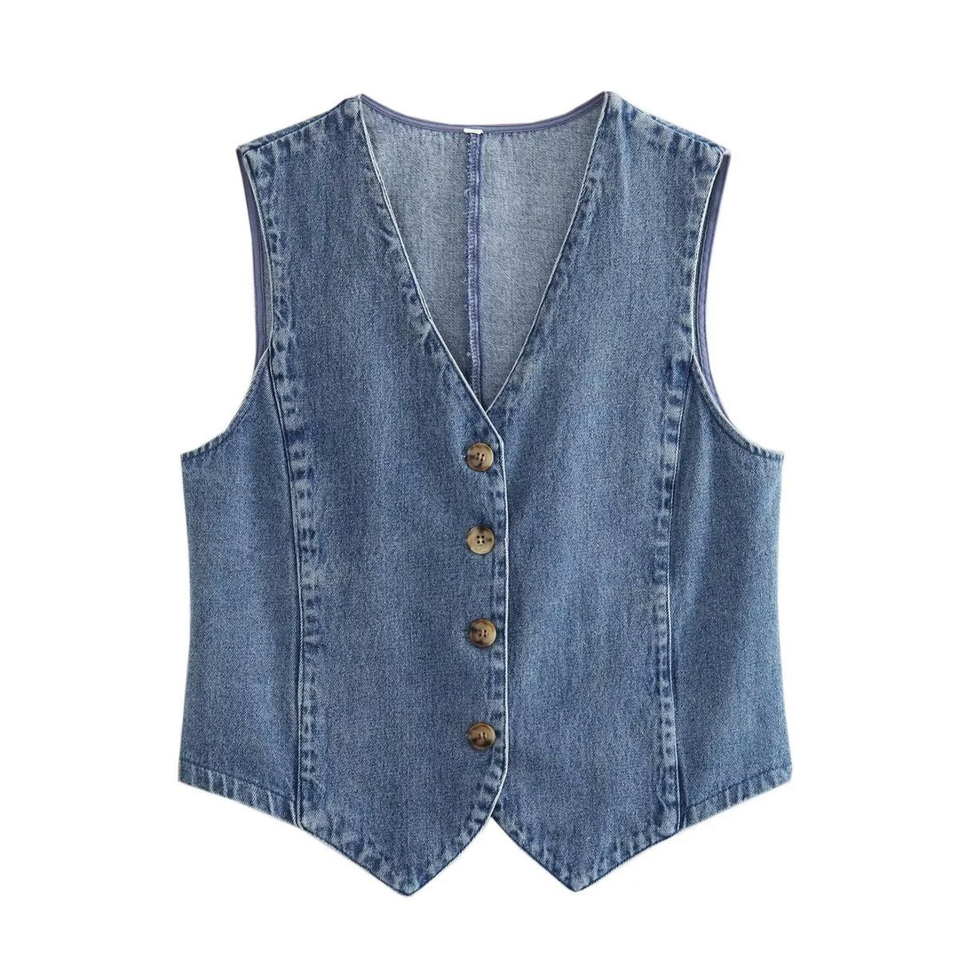 Damen elegante Jeansweste mit Knopfleiste und V-Ausschnitt EB