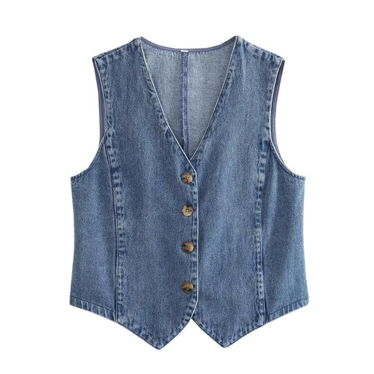 Damen elegante Jeansweste mit Knopfleiste und V-Ausschnitt EB