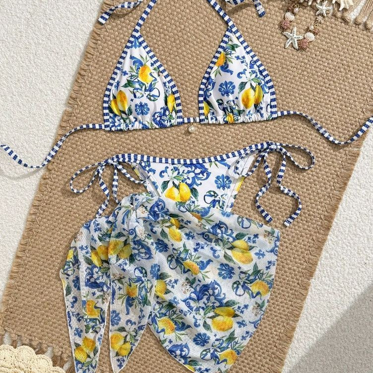 Damen Triangel-Bikini mit floralem Muster und verspieltem Pareo EB