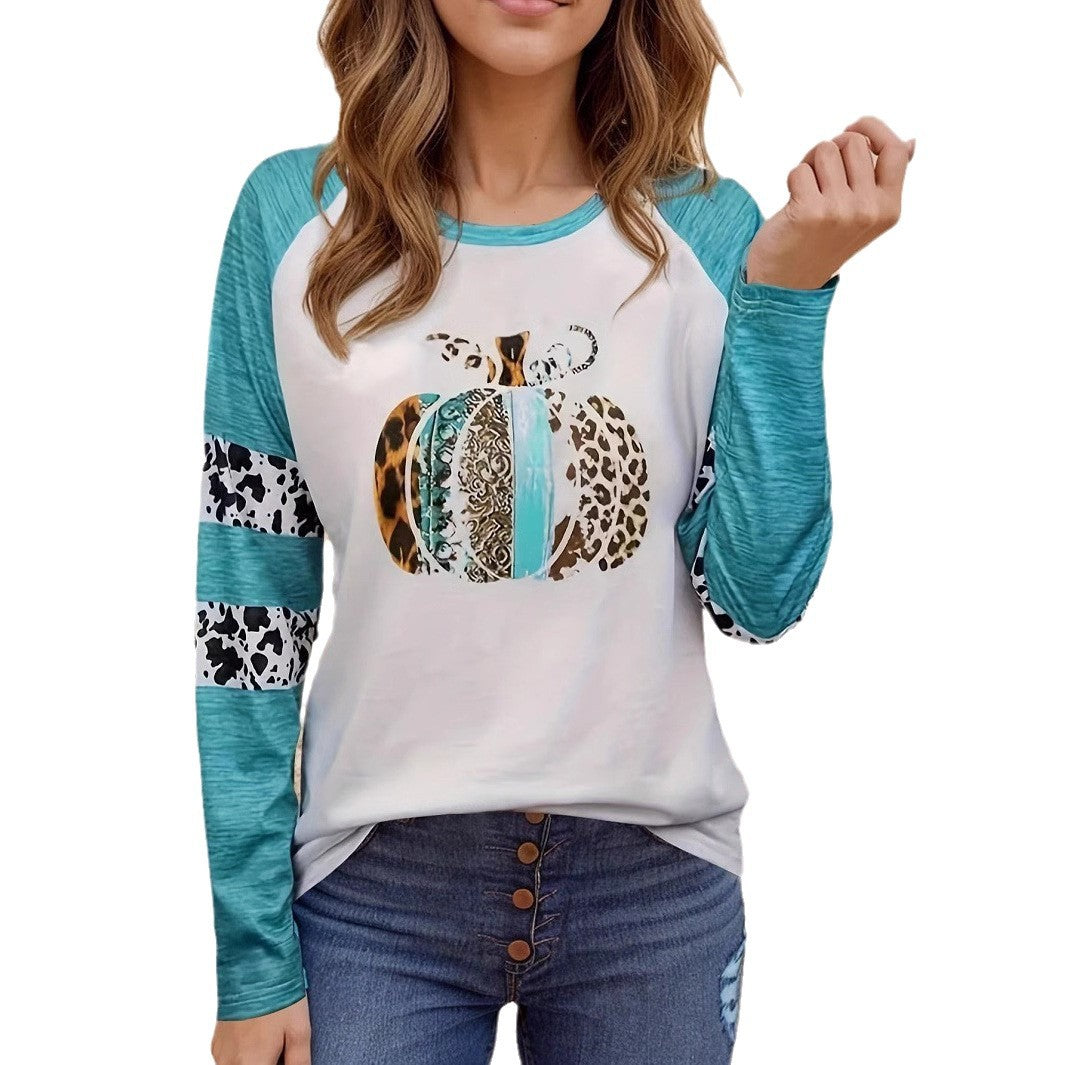 Damen Langarmshirt mit kreativem Kürbis-Design und kontrastierenden Ärmeln EB