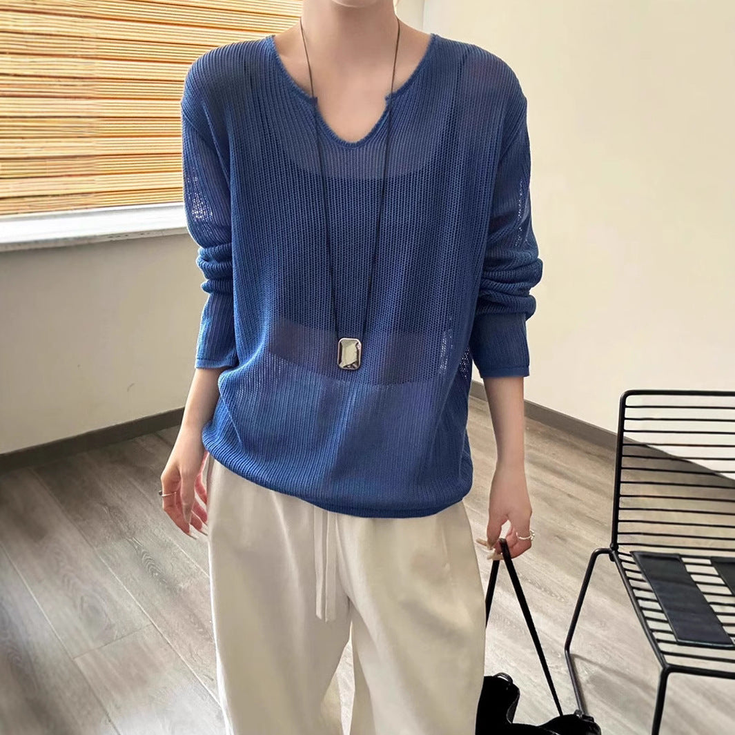 Damen luftiger Strickpullover mit V-Ausschnitt und lässigem Schnitt EB