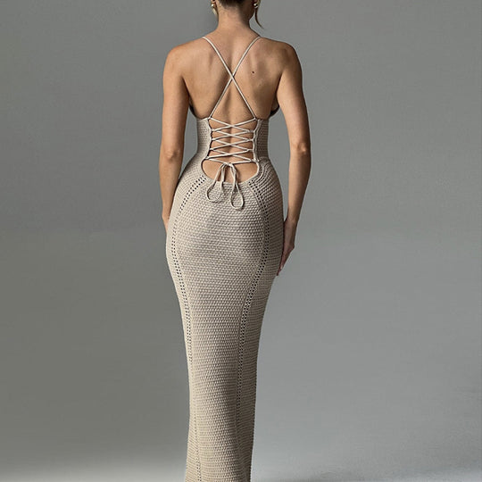 Damen Häkel-Maxikleid mit tiefem V-Ausschnitt und figurbetontem Schnitt EB