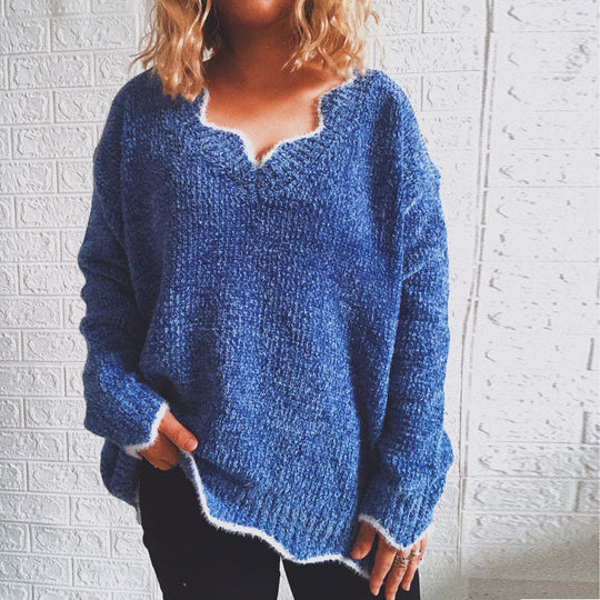 Damen lässiger Strickpullover mit weitem V-Ausschnitt und asymmetrischem Saum EB