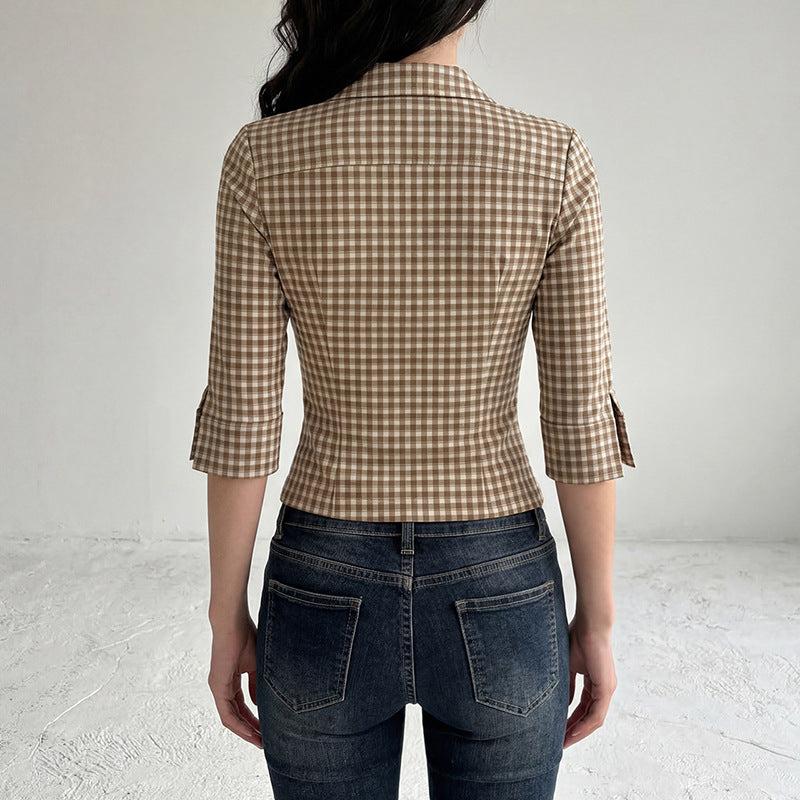 Damen nan taillierte Dreiviertelarm Karobluse mit Brustpattentaschen und Hemdkragen EB