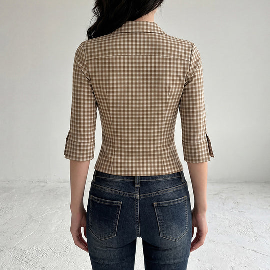 Damen nan taillierte Dreiviertelarm Karobluse mit Brustpattentaschen und Hemdkragen EB