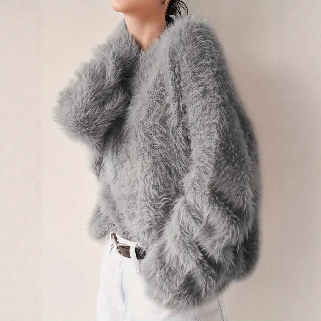 Damen Lang geschnittener Kuschel-Feinstrickpullover mit weichem Flormix, Rundhalsausschnitt und legerer Silhouette EB
