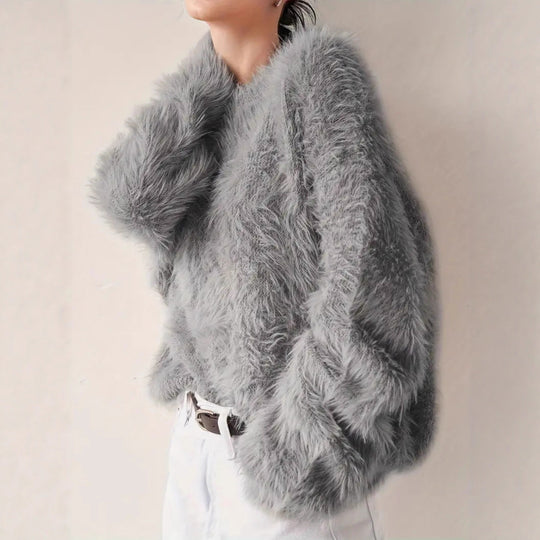 Damen Lang geschnittener Kuschel-Feinstrickpullover mit weichem Flormix, Rundhalsausschnitt und legerer Silhouette EB
