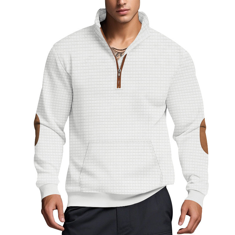 Herren nan gestepptes Halfzip-Sweatshirt mit Stehkragen, Kängurutasche und Kunstleder-Ellenbogenpatches EB