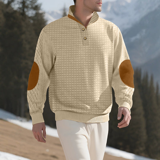 Herren nan kariertes Stepp-Sweatshirt mit Henley-Blende hohem Stehkragen und Velours-Ellenbogenpatch EB