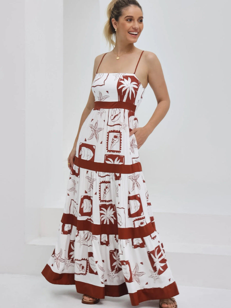 Damen Maxikleid mit elastischem Taillenbund und bohemian Muster EB