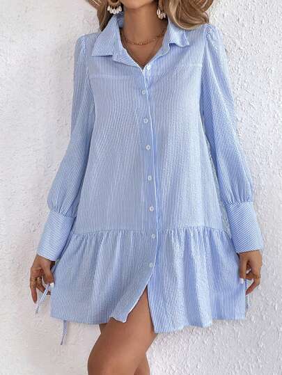 Damen Lockeres Hemdkleid mit Feinen Streifen, Volantsaum und Manschetten EB