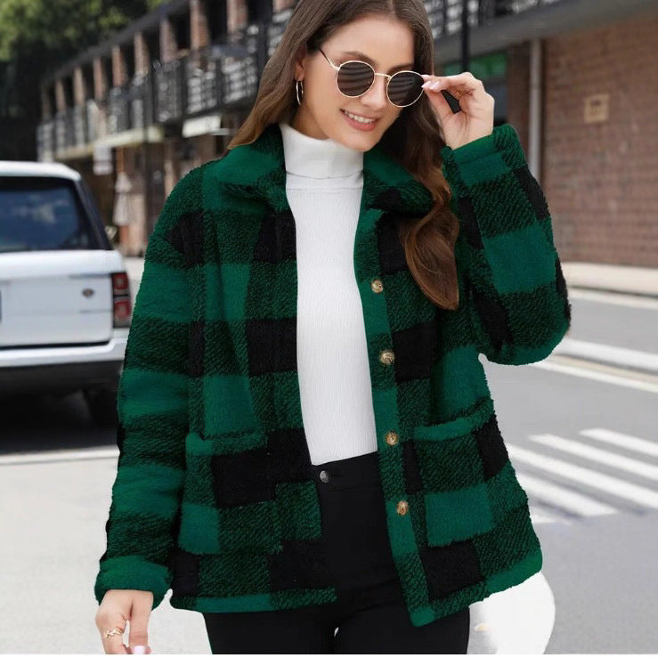 Damen nan gefütterte Karo Teddy-Fleece Shacket mit Knopfleiste und aufgesetzten Taschen EB