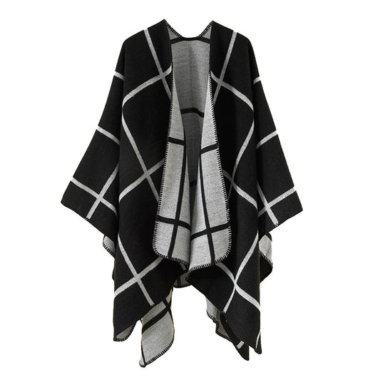 Damen Offener Wollmix-Poncho im Cape‑Stil mit dezentem Karomuster EB