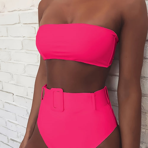 Damen Bandeau-Bikini-Set mit hoch taillierter Hose und trendigem Gürteldetail EB