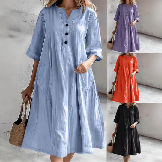 Damen lässiges Leinenkleid mit praktischen Taschen und Knopfdetails EB