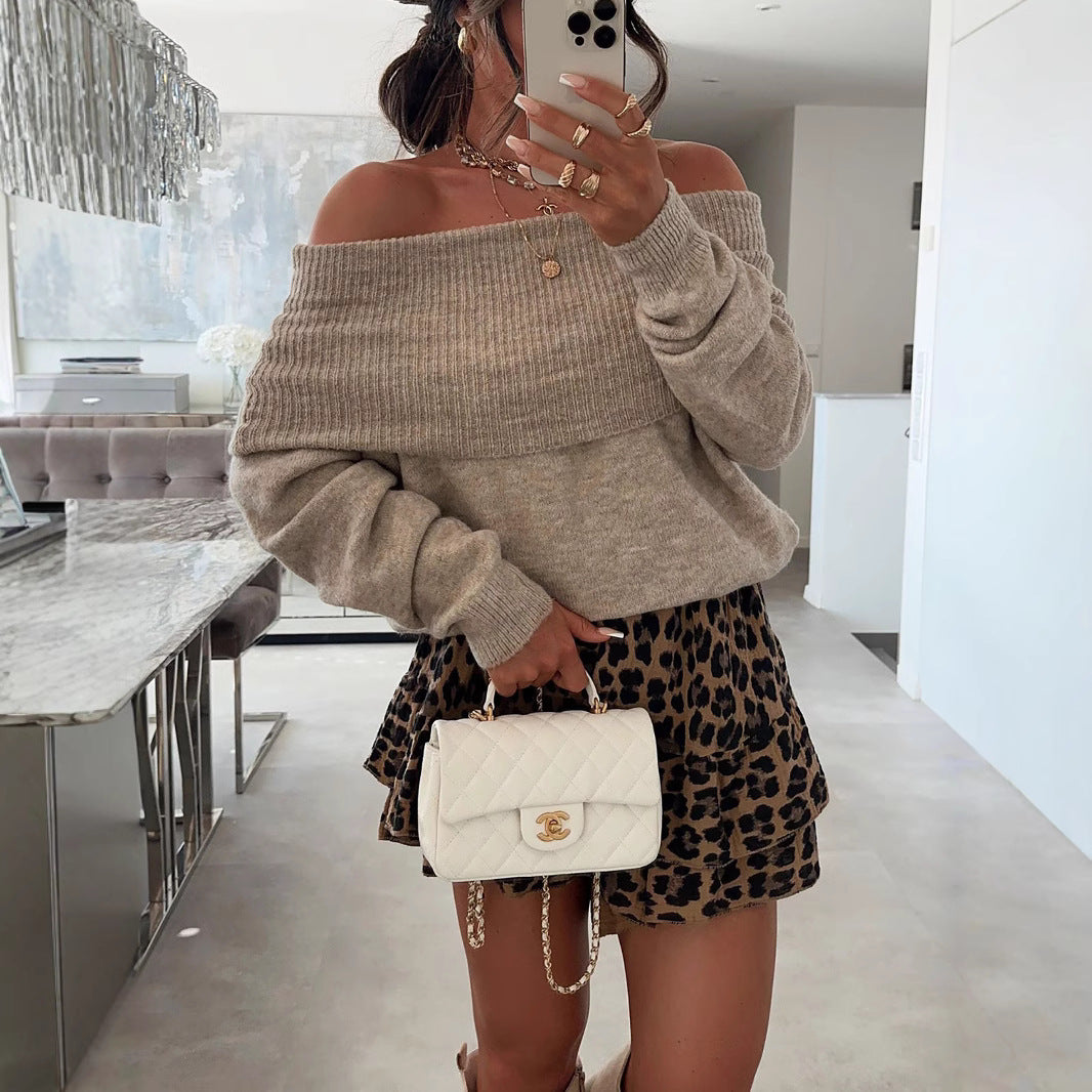 Damen lässiger Off-Shoulder Pullover mit Rippenstruktur EB