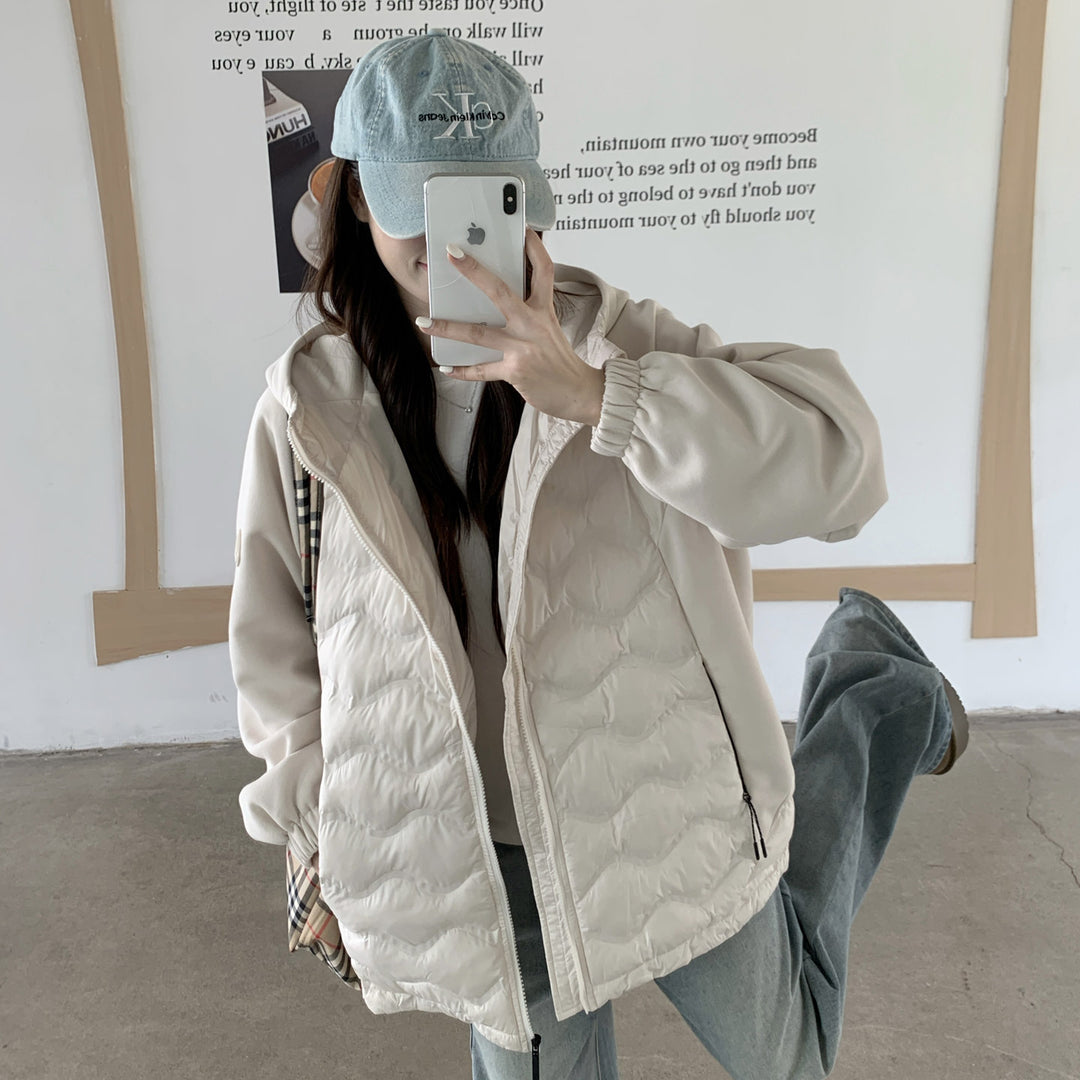 Damen Modische gesteppte Hybridjacke mit Kapuze und praktischen Taschen EB