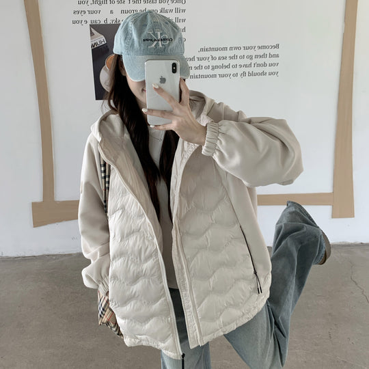 Damen Modische gesteppte Hybridjacke mit Kapuze und praktischen Taschen EB