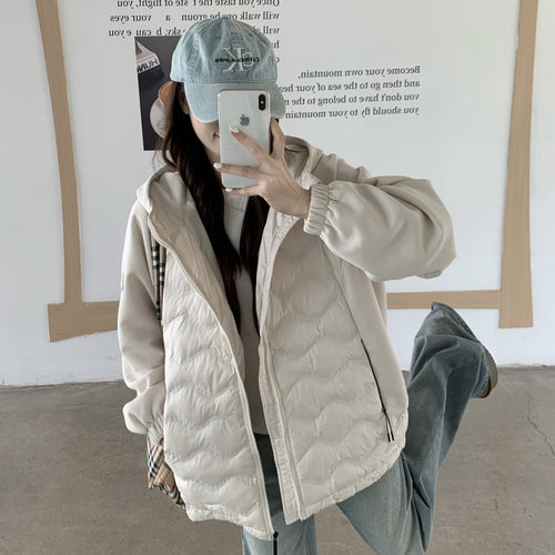 Damen Modische gesteppte Hybridjacke mit Kapuze und praktischen Taschen EB