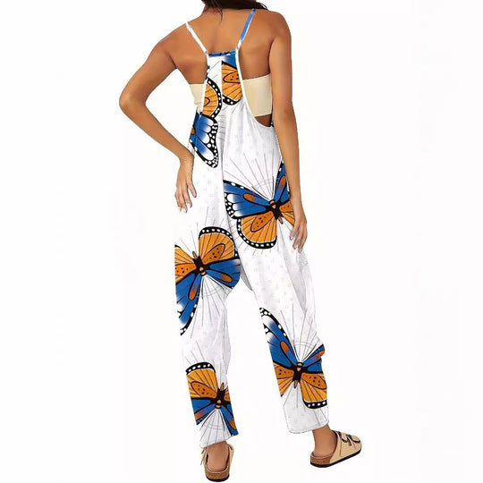 Damen Jumpsuit mit buntem Schmetterlingsmuster und praktischen Taschen EB