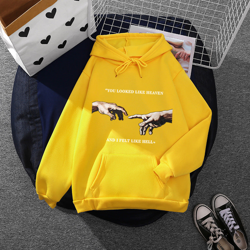Damen nan Oversize Kapuzenpullover mit Kängurutasche und Renaissance‑Handmotiv, weiches Fleece Innenfutter EB