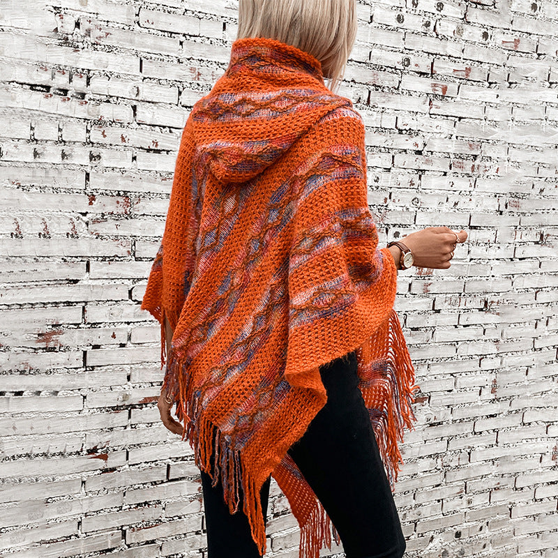 Damen Strickponcho mit Kapuze und fransigem Design EB