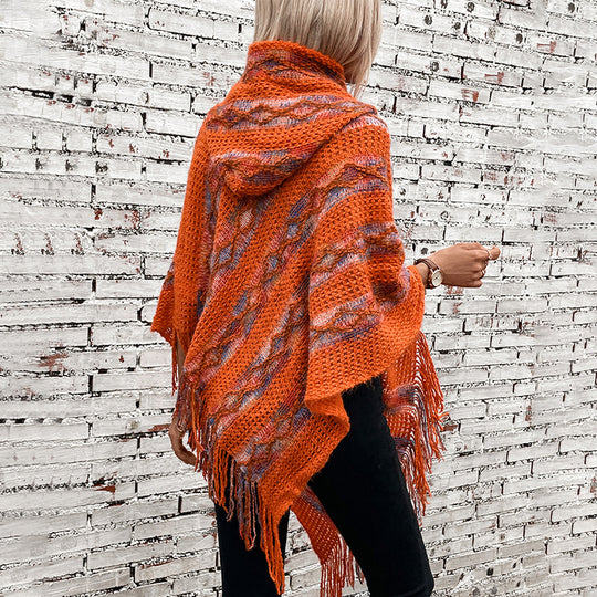 Damen Strickponcho mit Kapuze und fransigem Design EB