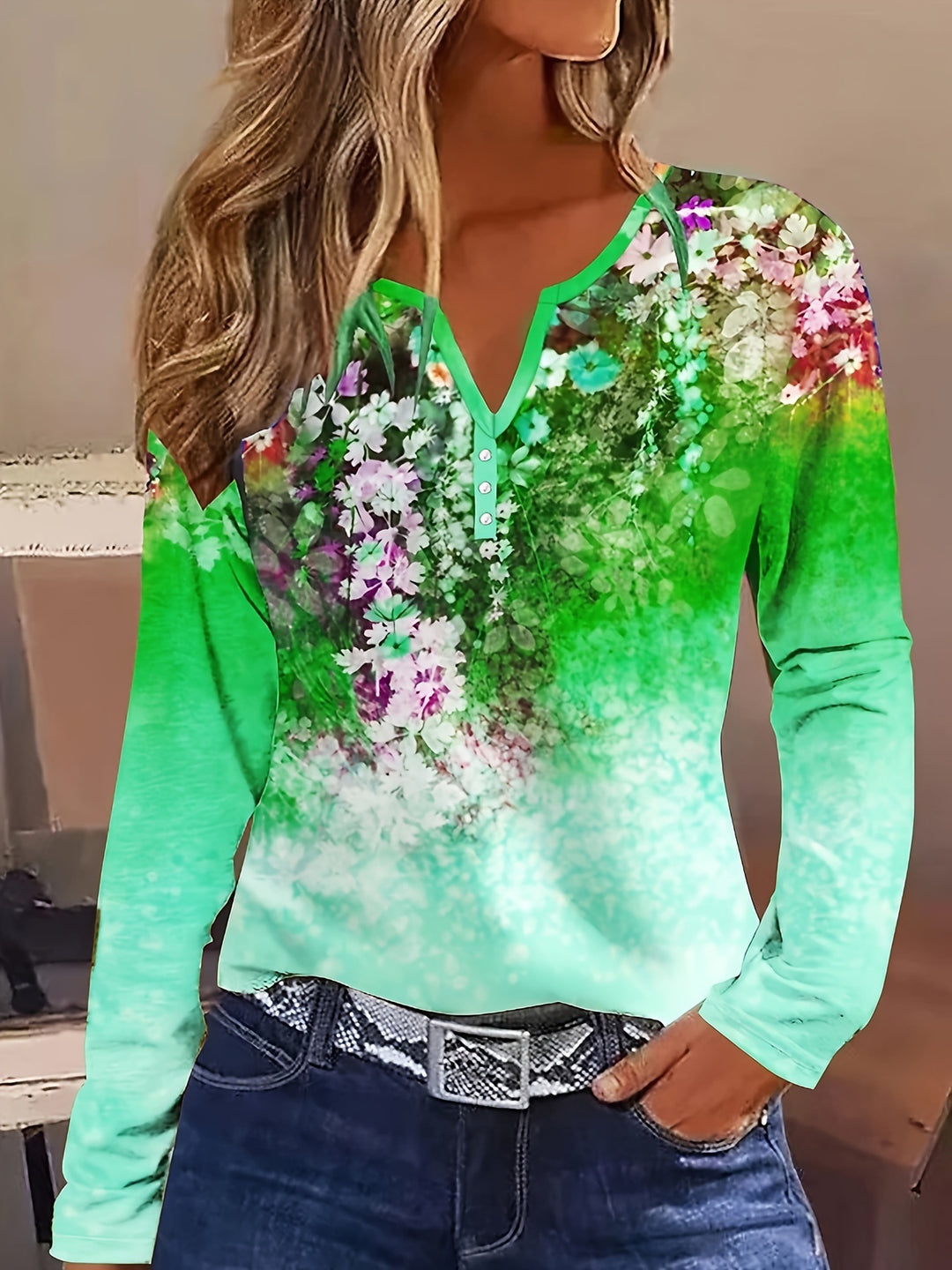Damen Blütenmuster Langarmshirt mit Knopfleiste EB