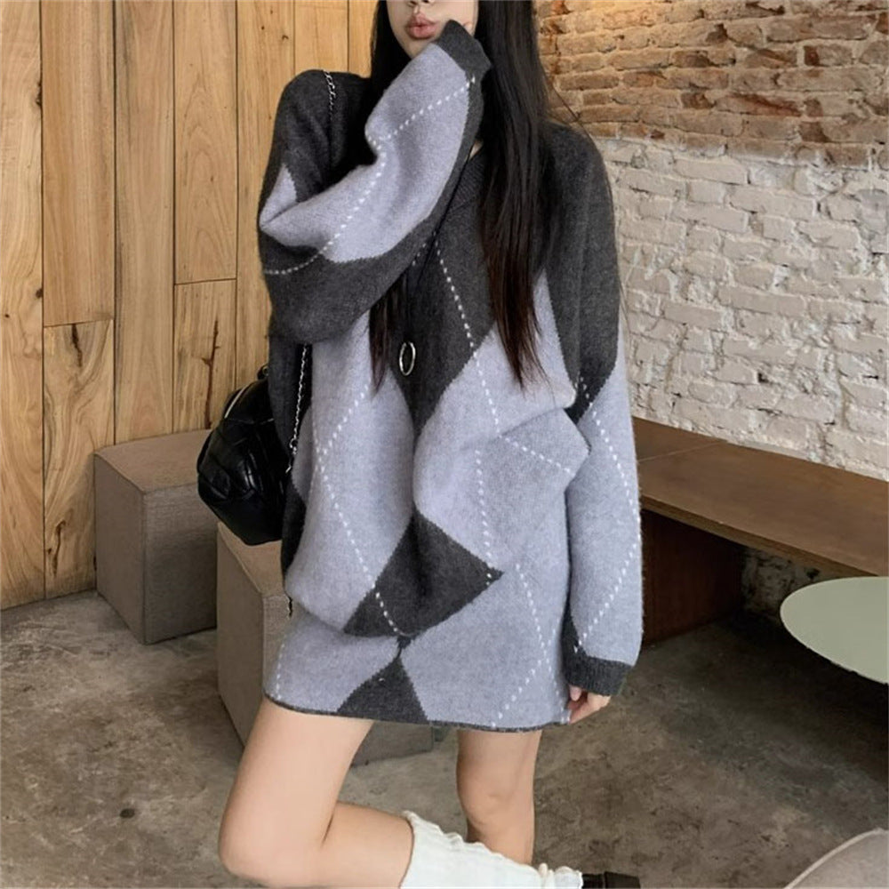 Damen Skandinavisches Strickensemble mit V-Ausschnitt und Rautenmuster EB