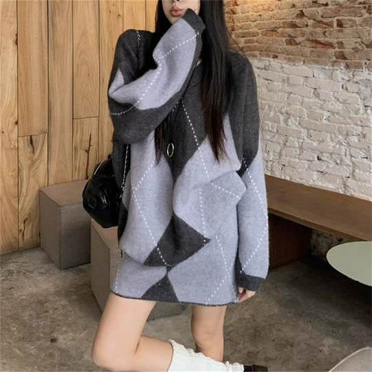 Damen Skandinavisches Strickensemble mit V-Ausschnitt und Rautenmuster EB