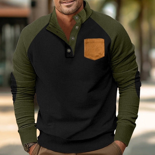Herren nan geripptes Waffel-Henley-Langarmshirt mit Stehkragen Druckknopfleiste Kontrastärmeln und Brusttasche EB