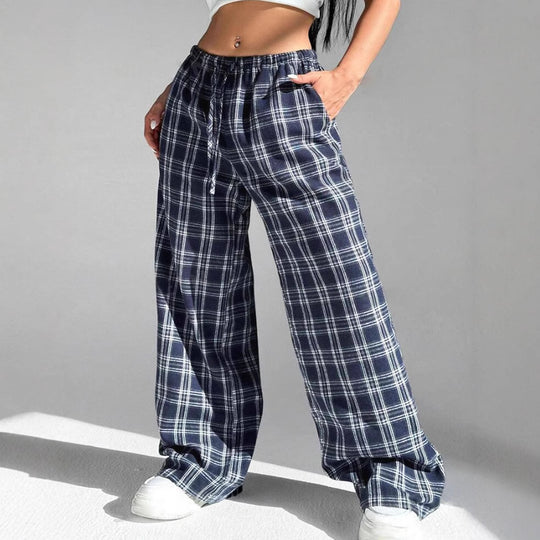 Damen Weite Karo Freizeithose mit elastischem Bund und Kordelzug EB