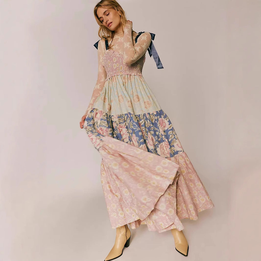 Damen Maxikleid mit floralen Mustern und voluminösem Rock EB