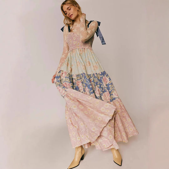 Damen Maxikleid mit floralen Mustern und voluminösem Rock EB