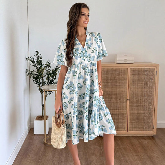 Damen Midikleid mit frischem Blumenmuster und voluminösem Rock EB