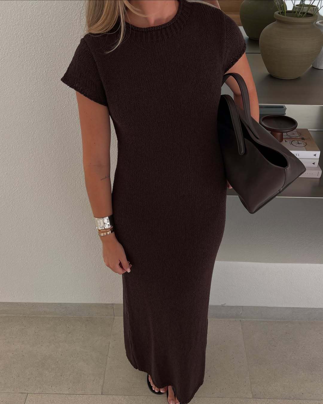 Damen Maxikleid mit strukturiertem Strickmuster und leichtem Gewicht EB