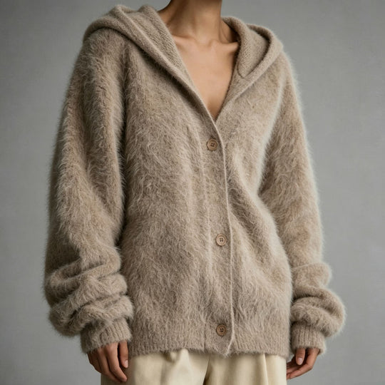 Damen Flauschiger Kapuzen-Cardigan im Mohair-Look mit Knopfleiste EB