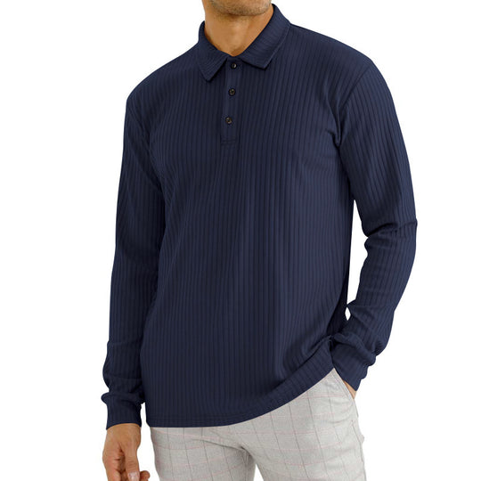 Herren nan geripptes Langarm-Poloshirt mit feiner Rippenstruktur, klassischem Kragen und elastischem Saum EB