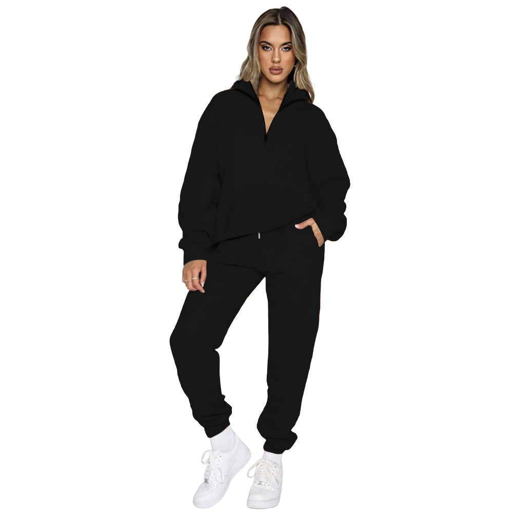 Damen gemütlicher Two-Piece Sweatsuit mit halbem Reißverschluss und praktischen Taschen EB