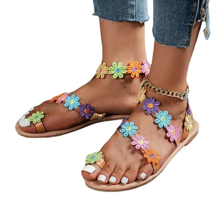 Damen Sommer Sandalen mit buntem Blüten-Design und rutschfester Sohle EB