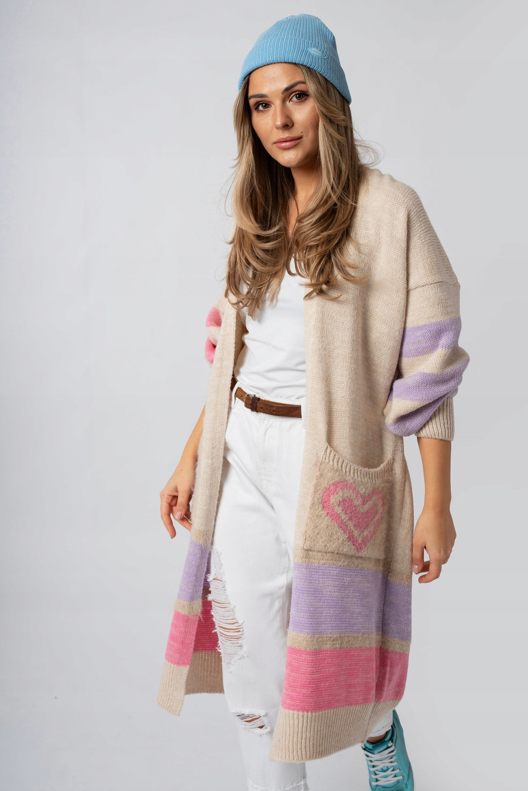 Damen Langärmliger Strickcardigan mit herzförmigen Taschen und modernem Farbblocking EB